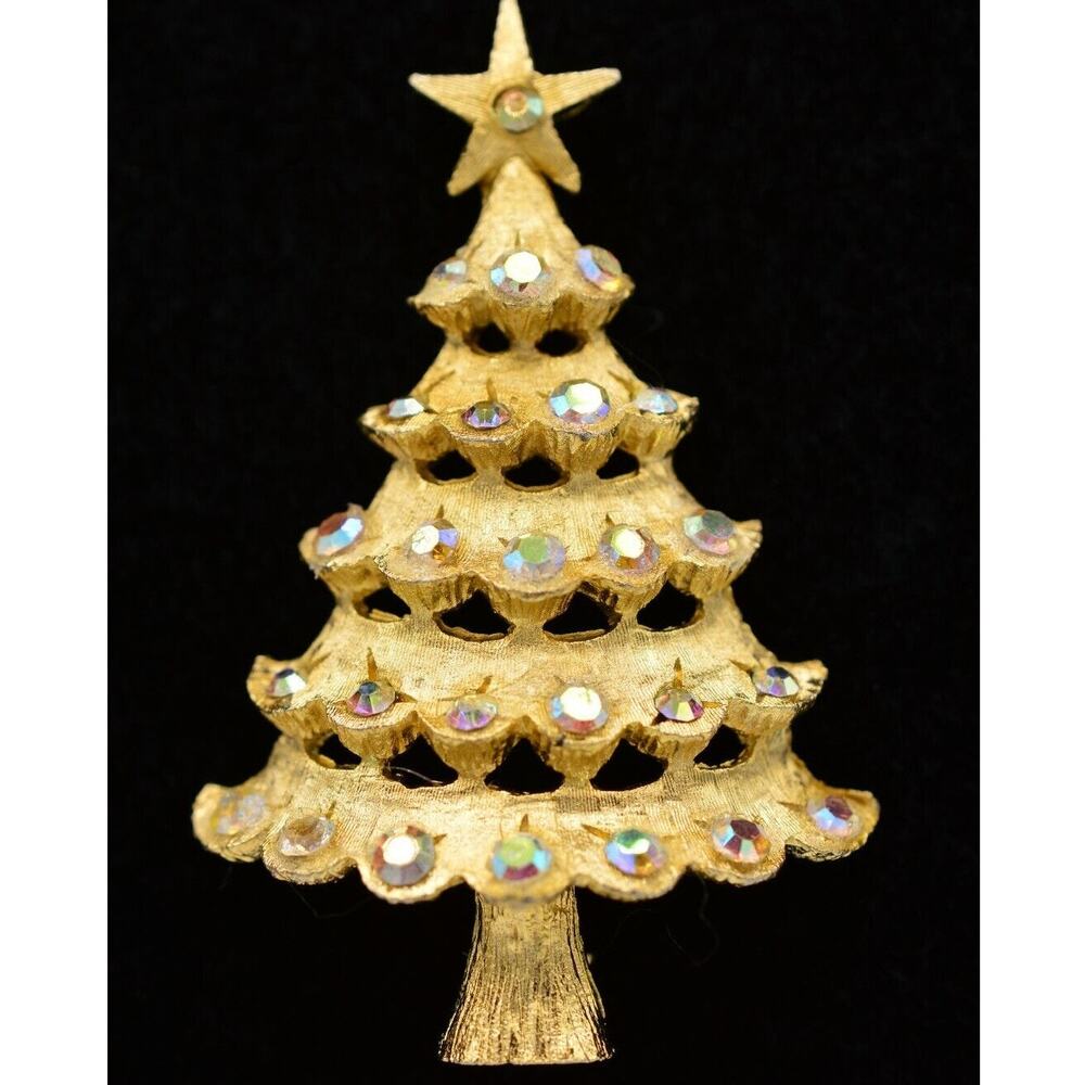 Mylu Vintage Christmas Pin Brooch Aurora Borealis Rhinestone Tree Signed Bin8